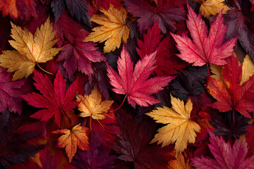 Overhead perspective of autumn forest floor blanketed with crimson and amber maple leaves, ultra-sharp 8K resolution for nature-themed website headers or fall festival promotional posters.
