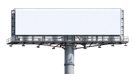 Blank white billboard on tall metal pole, isolated high-resolution PNG cutout with transparent background feel, clean outdoor advertising mockup template with copy space, freestanding signage