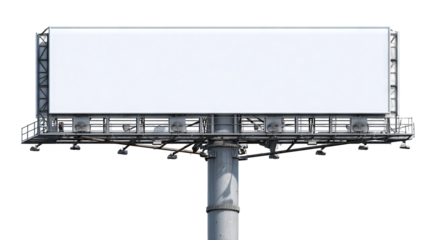 Blank white billboard on tall metal pole, isolated high-resolution PNG cutout with transparent background feel, clean outdoor advertising mockup template with copy space, freestanding signage