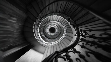 Obraz premium Intricate Spiral Staircase, Black and White Architectural Detail