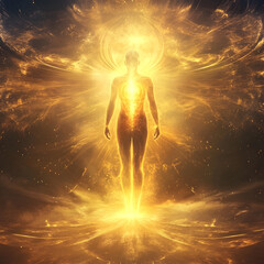 Spiritual Concept of a Divine Feminine Figure Ascending into Golden Light