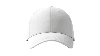 Blank white baseball cap front view mockup — high-resolution PNG cutout on transparent background, isolated hat template for branding, logo placement, apparel design, e-commerce product display