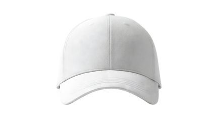 Blank white baseball cap front view mockup — high-resolution PNG cutout on transparent background, isolated hat template for branding, logo placement, apparel design, e-commerce product display
