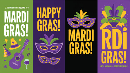 Four Mardi Gras themed graphic panels with text and icons celebration purple