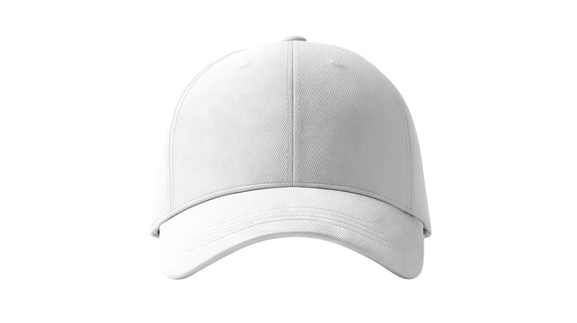 Blank white baseball cap front view mockup &mdash; high-resolution PNG cutout on transparent background, isolated hat template for branding, logo placement, apparel design, e-commerce product display