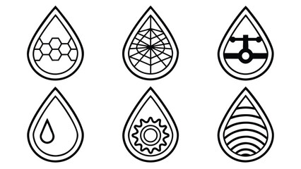 Water Drop Icons:  Six Simple, Modern, Black and White Illustrations for Website or App Design.