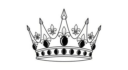 A detailed black and white line drawing of a crown with fleur de lis and circular gem accents