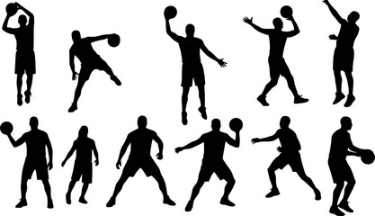 Set of male and female basketball player silhouettes with ball, lead ball, defend, attack, game techniques and poses. People playing sport game. Vector illustration isolated on transparent background