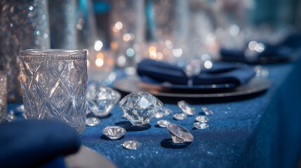 Denim and diamond themed party table setup with sparkle decor
