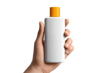 Human hand holding sunscreen bottle — high-resolution isolated PNG cutout on transparent background for skincare branding, SPF product mockups, packaging design, and e-commerce visuals