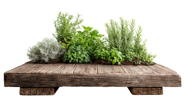 Wooden podium with fresh green herbs isolated on transparent background — high-resolution PNG cutout pedestal for product display, cosmetics and skincare branding, natural packaging mockups