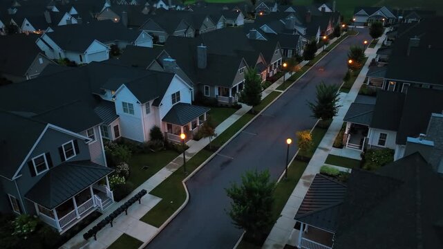 Classical American single family houses with porch and lighting lantern at dusk. Aerial tilt up shot. Quiet neighborhood with modern homes in Pennsylvania, USA.