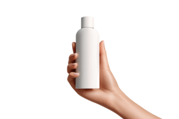 Human hand holding sunscreen bottle — high-resolution isolated PNG cutout on transparent background for skincare branding, SPF product mockups, packaging design, and e-commerce visuals