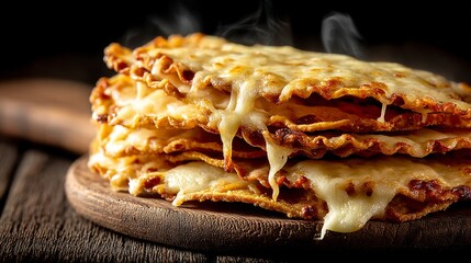 Three stacked lasagna pieces on a round wooden board with steam rising, layers of pasta, meat sauce,