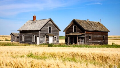Obraz premium Vintage abandoned farmhouses amidst golden wheat fields under a clear sky landscape