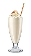 Creamy milkshake in a tall glass with whipped cream and a straw