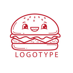 Cute cartoon hamburger with a smiling face, sesame bun, lettuce, and expressive eyes.