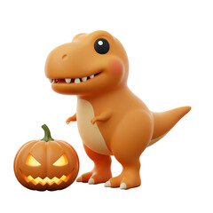 Naklejka premium Orange Cartoon Dinosaur and Jack O Lantern Illustration in Black Background