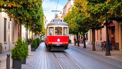Naklejka premium Vintage Tram on a Tree-lined Street: Capturing the Charm of Urban Transport