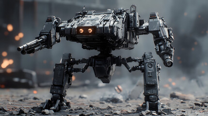 Futuristic Battle Mech or Robot Walking Through a Snowy Landscape