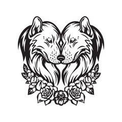 A beautiful black and white design of two wolves forming a heart with roses, a symbol of love and loyalty vector illustration