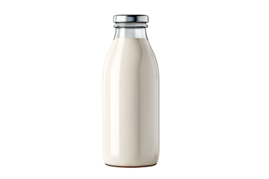High-resolution glass milk bottle isolated on transparent background — clean cutout mockup for packaging design, label preview, food branding, dairy product presentations, and e-commerce listings