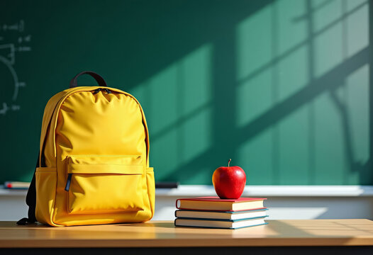 School supplies ready for a new academic day. Yellow backpack, fresh books, and a red apple on a desk in front of a chalkboard in a sunny classroom. Back to school concept with copy space. - Powered by Adobe