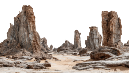 Vast desert landscape.  Towering, eroded rock formations.  Light beige sand.  Dramatic, arid scene