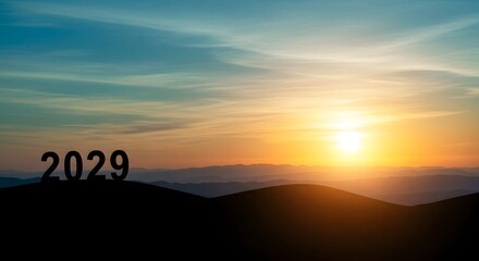 Stock photo of new year 2029 sunrise over mountain landscape background for wallpaper design
