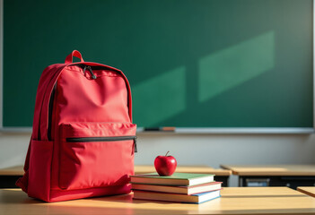 Neatly arranged books and a schoolbag on a desk suggest the start of lessons. Sunlight casts shadows on the chalkboard, adding warmth to the classroom scene.