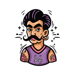 A modern hipster character with a stylish mustache, arm tattoos, and piercings in a cool, urban style vector illustration