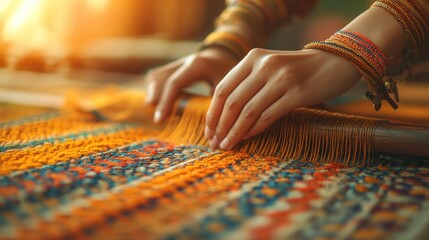 Close-up of hands weaving colorful rug