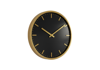 Isolated 3D Render of a Black Clock with Golden Accents on Transparent Background