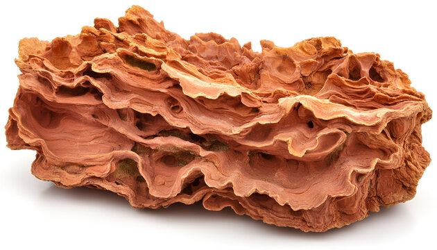 An intricate geological specimen of layered, reddish-brown sandstone with a complex, wavy, and porous structure isolated on a white background.