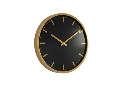 Isolated 3D Render of a Black Clock with Golden Accents on Transparent Background