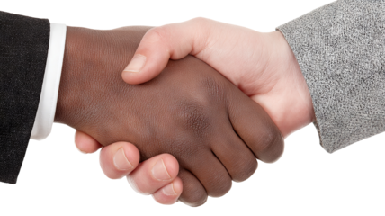 Close-up handshake between two business professionals in black and gray suits symbolizing partnership, agreement, or formal greeting, high-resolution isolated PNG cutout with transparent background
