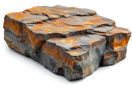 A single piece of raw, layered rock with grey and orange rust colors, isolated on a white background.