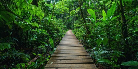 A narrow wooden walkway through a lush, overgrown rainforest