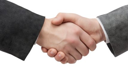 Close-up handshake between two business professionals in black and gray suits symbolizing partnership, agreement, or formal greeting, high-resolution isolated PNG cutout with transparent background