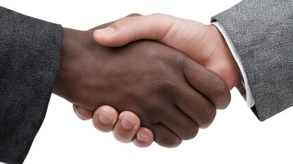 Close-up handshake between two business professionals in black and gray suits symbolizing partnership, agreement, or formal greeting, high-resolution isolated PNG cutout with transparent background