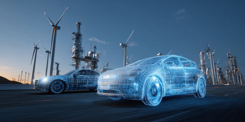 Futuristic electric vehicles with digital overlays drive past wind turbines and industrial structures, symbolizing renewable energy and advanced technology