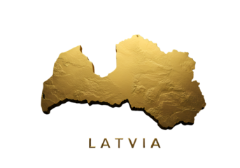 Isolated 3D Render Of Gold Latvia Map On Black Background