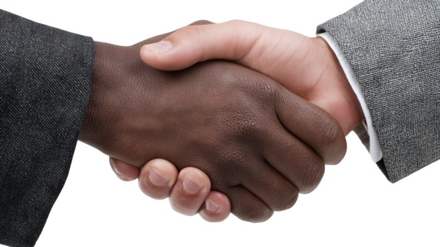 Close-up handshake between two business professionals in black and gray suits symbolizing partnership, agreement, or formal greeting, high-resolution isolated PNG cutout with transparent background