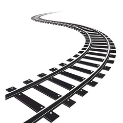 Curving train tracks leading into the distance on a white background