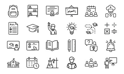 Fototapeta premium 24 Education and School Line Icons Learning, Teaching, Online Classes, Graduation, Science, Math, and Classroom Vector Icon Set for Teachers, Students, and Educational Projects