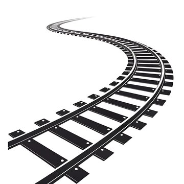Curving train tracks leading into the distance on a white background