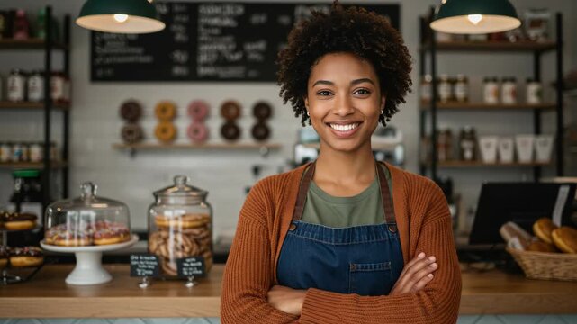 Smiling female bakery owner standing with arms crossed