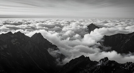 Dramatic monochrome landscape featuring mountain peaks emerging through a sea of clouds