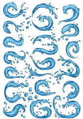 Illustration of Blue Water Splashes and Waves in Motion Isolated on Black Background