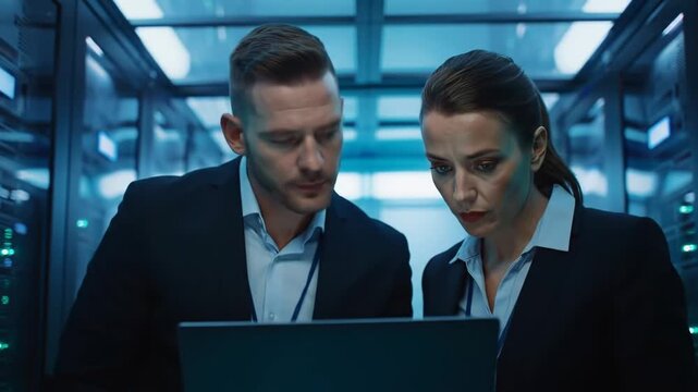 Business professionals technology teamwork data center server room with security collaboration, computer analysis, and focused discussion laptop modern blue lit environment, conveying professional